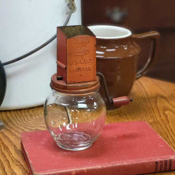 Vintage Androck Nut Meat Chopper with Glass Jar Red Metal Top Farmhouse Kitchen - Picture 11 of 15